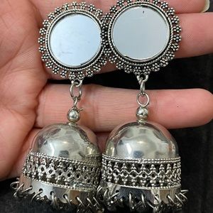 Silver mirror jhumkhas
